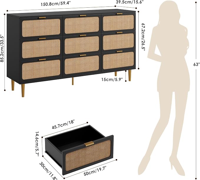 GarveeHome Rattan 9 Drawer Dressers for Bedroom, Deep Drawer, Black | Tall Dresser, Wide Top, for Living Room, Hallway, Kids Room, Large Chest of Drawers for Closet, Long Wooden Dresser