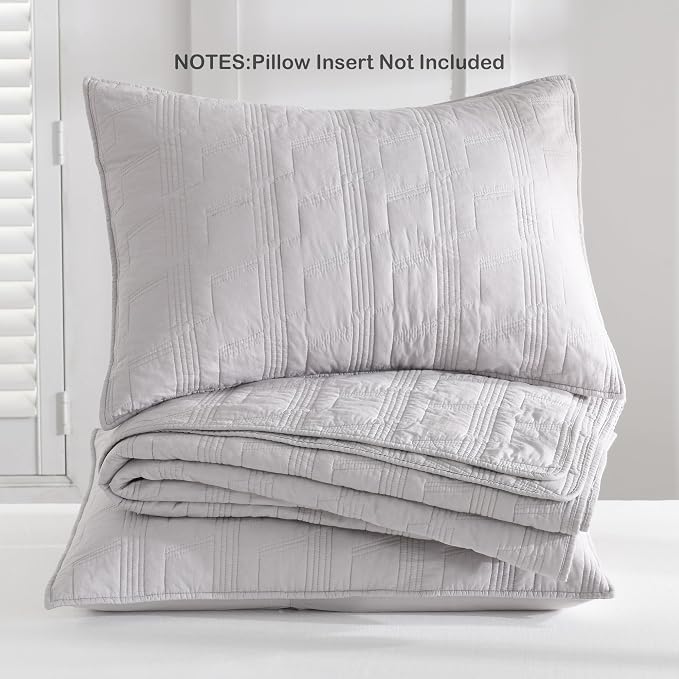 HORIMOTE HOME 100% Cotton Quilt Set Twin Size, Light Grey Pre-Washed Bedspread Coverlet Set, Cozy Lightweight Stitching Decorative Bedding Cover with 1 Sham in Geometric Pattern for All Season