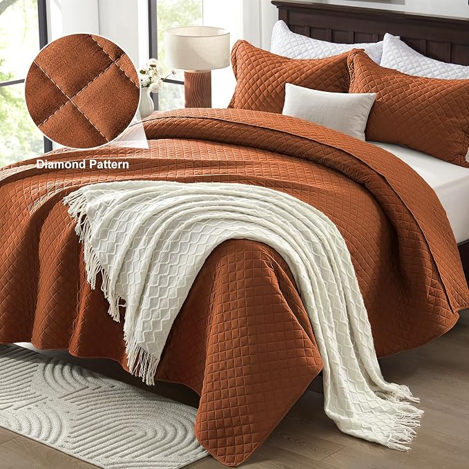 SunStyle Home Twin Quilt Set, Lightweight Bedding Bedspreads,Brunt Orange | Soft Coverlet With 2 Pillow Shams,Morden Style Quilts for All Season, Suitable for Bed,Couch,Bedroom,Guest Room,68"X86"