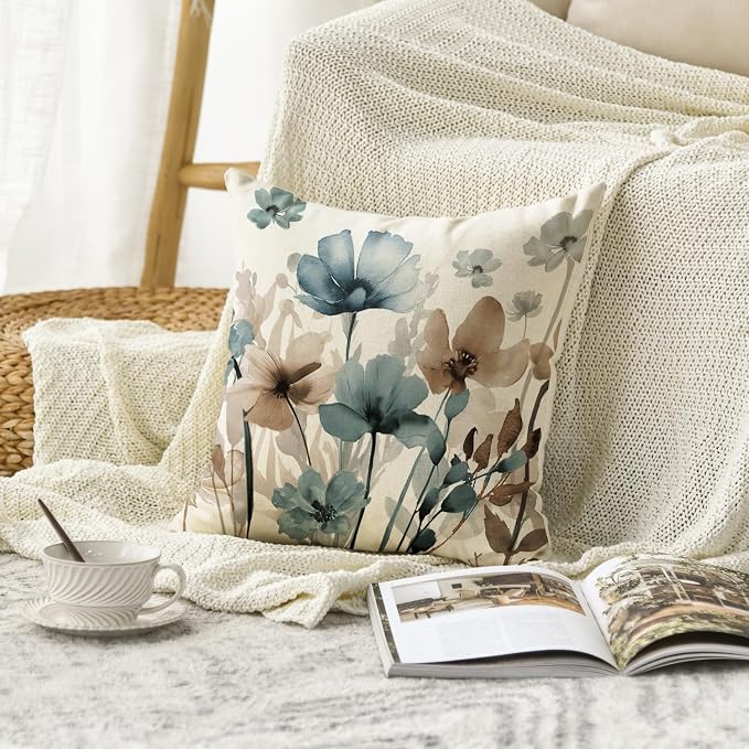 AVOIN colorlife Poppy Flowers Blue Brown Throw Pillow Cover 18x18 Inch | Chinoiserie Seasonal Leaves Cushion Case Decoration for Sofa Couch Farmhouse