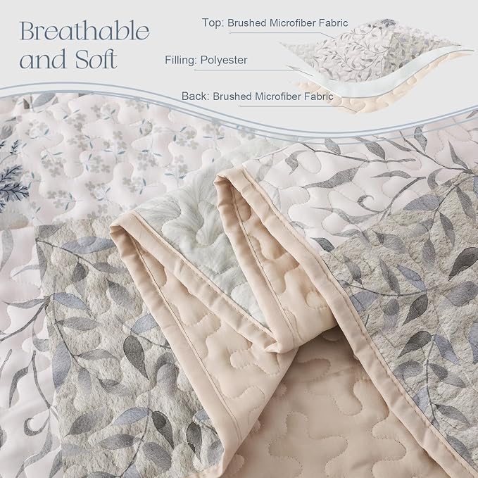 Exclusivo Mezcla Reversible Boho Quilts Full Size Gray | Lightweight Soft Bedspreads, All Season Patchwork Coverlet Bedding Set, Printed Floral Pattern, 1 Quilt and 2 Pillow Shams