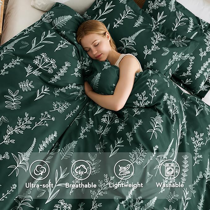 MUXHOMO Duvet Cover Queen Size, Reversible Floral Forest Green Duvet Cover Set with Zipper Closure, 3 Pieces Botanical Patterns Soft Microfiber Bedding Set with 4 Ties (90"x90", 2 Pillow Cases)