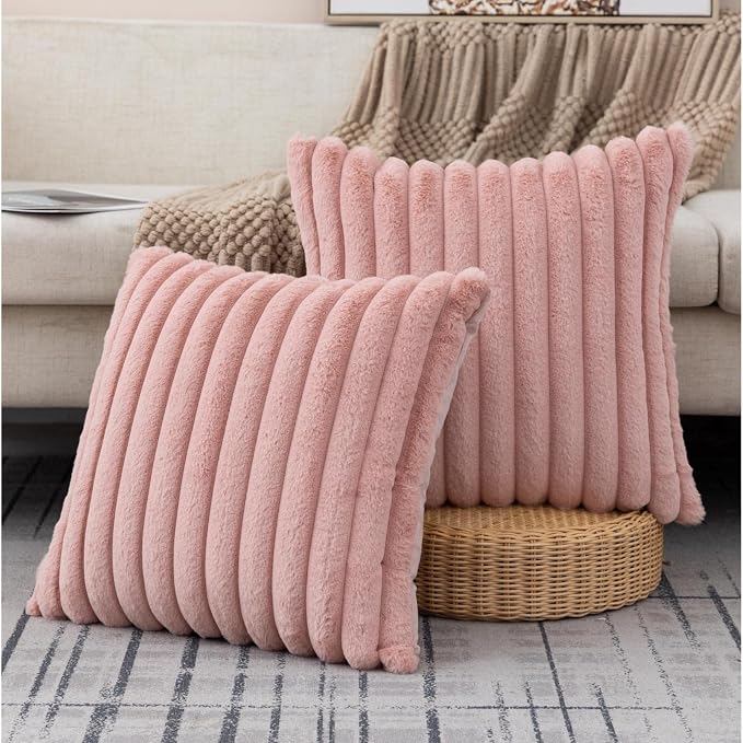 ZLINA Baby Pink Striped Faux Fur Throw Pillow Covers 26 x 26 Inch | 2‑Pack, boho striped pillow covers,velvet back,fuzzy plush cushion covers , for sofa bed livingroom home decor