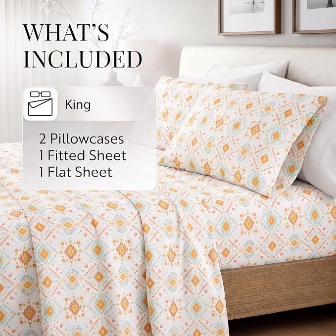 Linen Market Patterned Microfiber King Sheet Set 4 Piece – Oeko-TEX Certified Ultra Soft & Wrinkle-Free - 16" Deep Pocket Sheets - Easy Care King Size - Aztec Dreams Coral