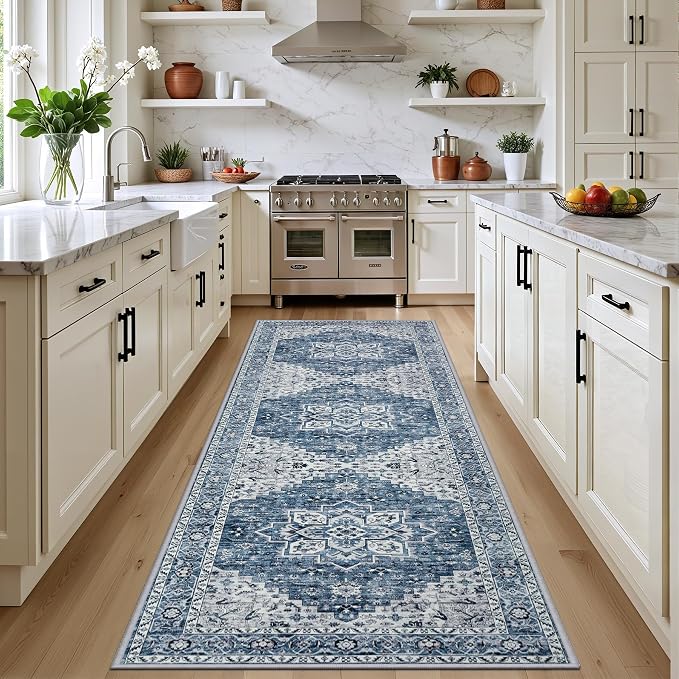 Hallway Runner Rug: 2.6x8 Kitchen Boho Rugs for Living Room Blue | Runner Rug Hallway Washable Rug No Slip Soft Bedroom Rug Indoor Floor Stain Resistant Carpets for Entryway, Laundry, Bathroom