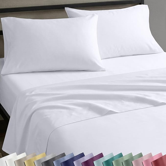 Soft Natural 100% Cotton Sateen Queen Sheets, 4 Pc Set, Bright White | Backed by Good Housekeeping Seal, Light & Breathable For Hot Sleepers, 14" Deep Pocket, All-Around Elastic, Durable