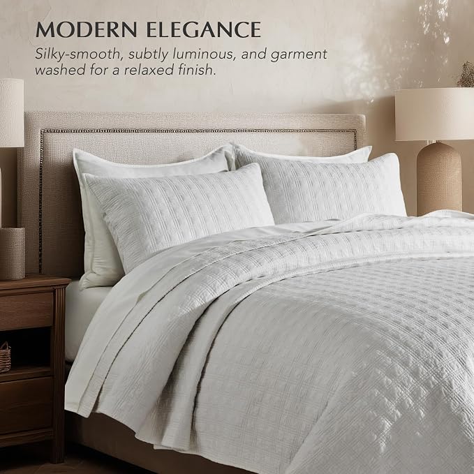 EVERGRACEHOME Cotton Sateen Windowpane Quilt Set King Size, Bright White | 100% Cotton, Pre-Washed Soft Coverlet Bedspread, 3-Piece Lightweight Bedding Set for All Season, with 2 Pillow Shams