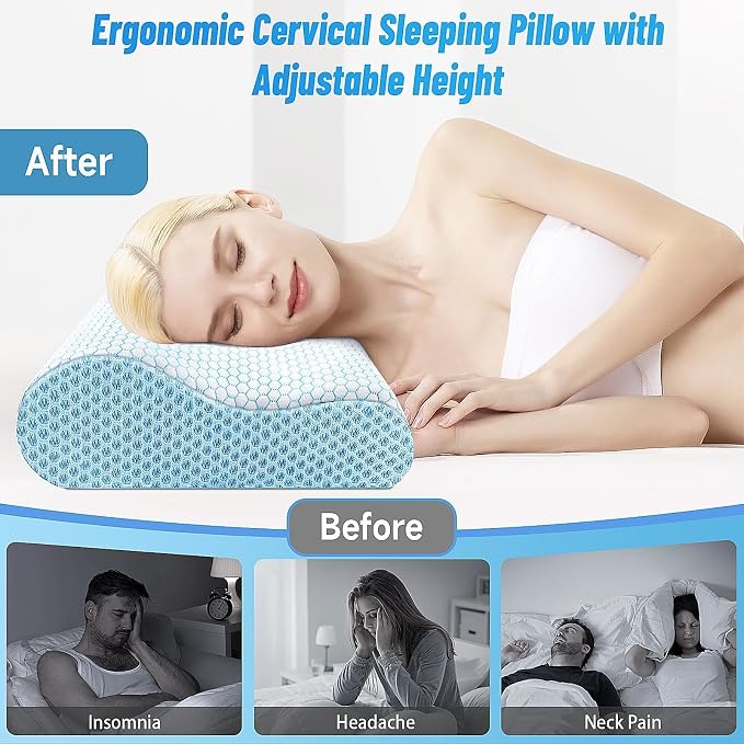 Neck Pillow for Sleeping, Ergonomic Cervical Bed Pillow, Blue Queen Size | Memory Foam Bed Pillow for Side Back Stomach Sleepers, Contour Fit Neck Pillow for Sleeping and Neck Pain Relief
