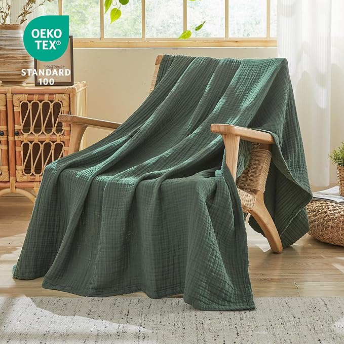EMME Muslin Blankets for Adults Throw Blanket for Couch Breathable Gauze Soft Lightweight Airy Forest Green Throw XL 50" x 71"