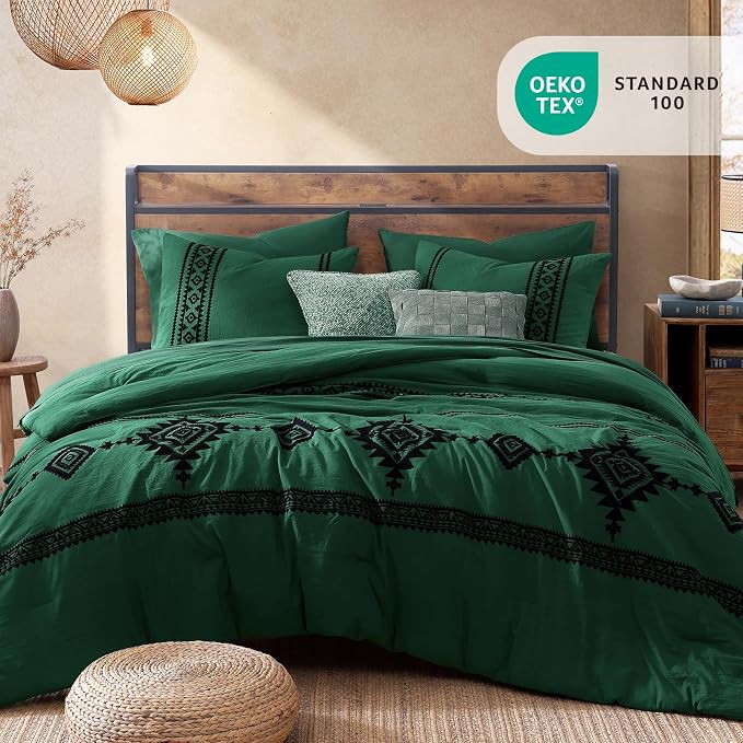 MaiRêve Embroidery King Size Comforter Set 7 Pieces Western Bed in a Bag | Emerald Green Boho Farmhouse Bedding Sets with Comforter, Sheets, Pillowcases & Shams