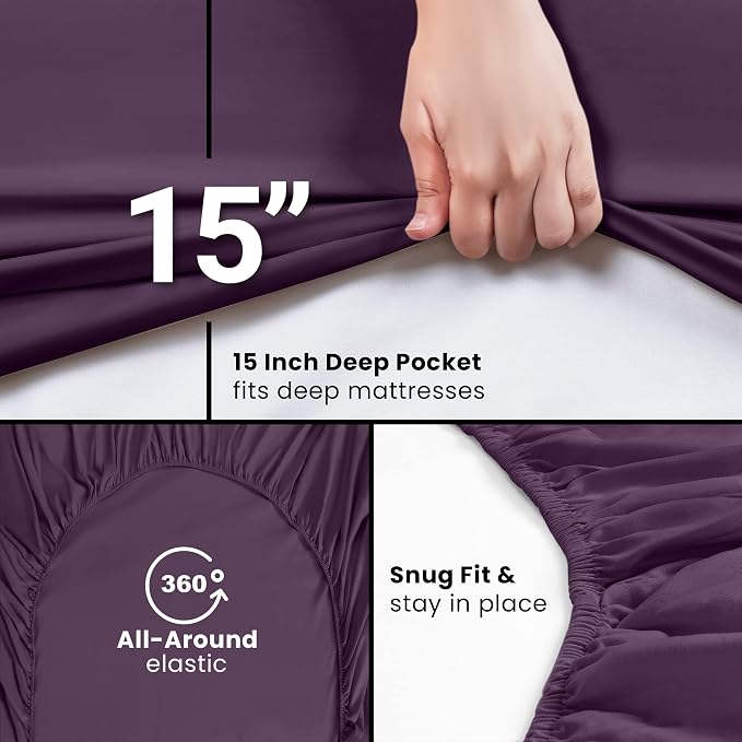 Pack of 2 Twin XL Fitted Sheet, Fits Up to 16 Inch Deep Pocket, Purple | Hotel Comfort, Cooling & Breathable Cotton like Polyester, Easy Fit, Wrinkle & Fade Resistant, Snug Fit, Easy Care, Oeko-Tex