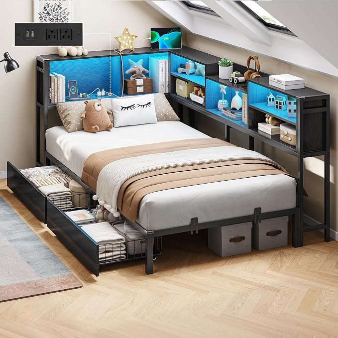 DICTAC Corner Twin Bed Frame with Bookcase Storage and Led Lights Metal Platform Bed Frame with 2 Drawers and Charging Station Twin Size Daybed for Kids/Teen with Storage,Kids Twin Bed,Black