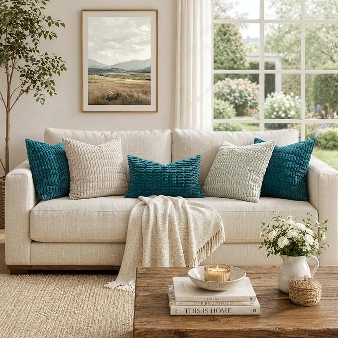 MIULEE Corduroy Decorative Throw Pillow Covers 20x20 Teal Pack of 2 | Soft Boho Striped Pillow Covers Modern Farmhouse Coastal Home Decor For Sofa Living Room Couch Bed