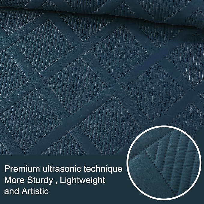 Exclusivo Mezcla Quilts Queen Size, Navy Blue | Soft Bedspreads with 2 Pillow Shams, Modern Striped Pattern, Lightweight Bedding Set Coverlets for All Seasons, 90x96 Inch