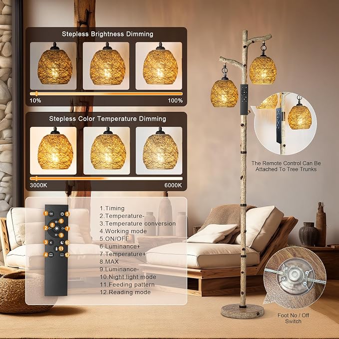 Scenekoy 68.5" Rustic Floor lamp with Remote Control, Bird Nest Lantern | Stepless Dimmable, 3 Color Temperature, Birch Tree Finish, Farmhouse Vintage Standing Lamp Decor for Living Room Bedroom
