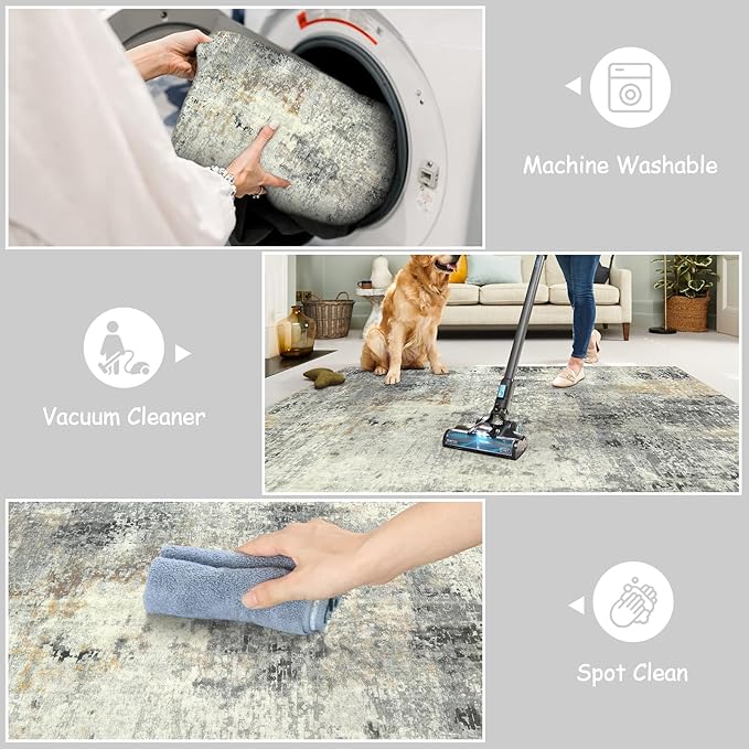 Lahome Modern Abstract Round Rug - 5Ft Grey Living Room Rugs Washable 5x5 Circle Rugs Indoor Dining Table Mat, Soft Non Slip Low Pile Office Carpet for Bedroom Playroom Kitchen Coffee Table