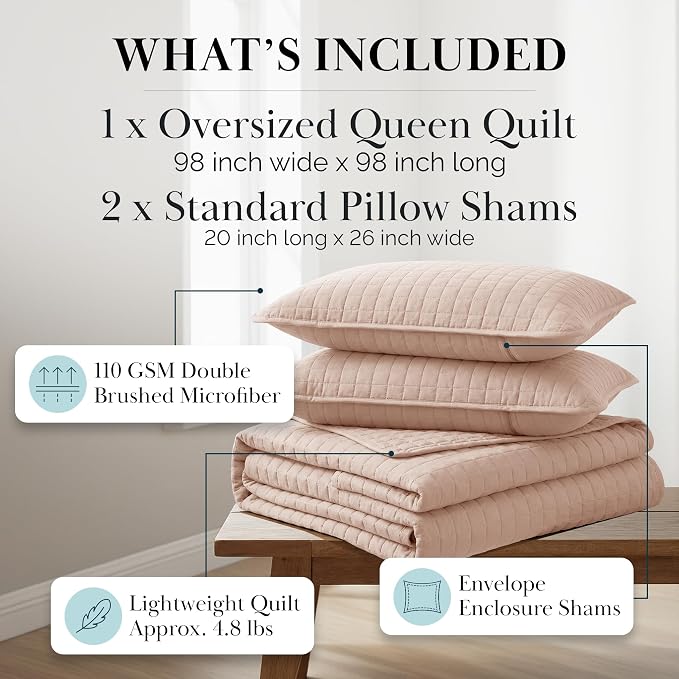 Southshore Fine Living, Inc. Full/Queen Quilt Set, Stitched Full Size with 2 Matching Pillow Shams, Lightweight Quilt Coverlet, Easy Care Machine Washable Queen Size Quilt Bedspread, Blush