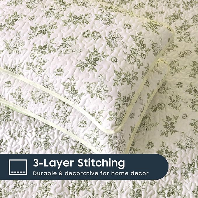 Wake In Cloud - Floral Quilt Set, Shabby Chic Coquette Cottagecore Vintage Flower for Women Teen Girls, Reversible Lightweight Bedspread Coverlet, 3 Pieces, Sage Green, Queen/Full Size