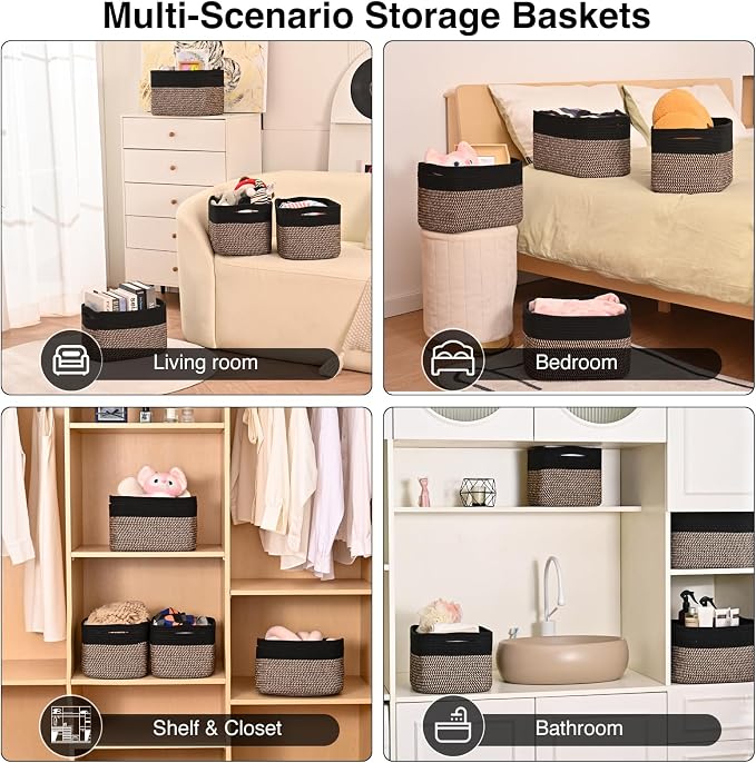 ICERZCZ Storage Baskets for Shelves Organizing, Woven Cotton Rope Baskets for Storage, Book Basket, Decorative Shelf Basket, 12.5"Lx9.1''Wx7.9''H (4 Packs) Black & Jute