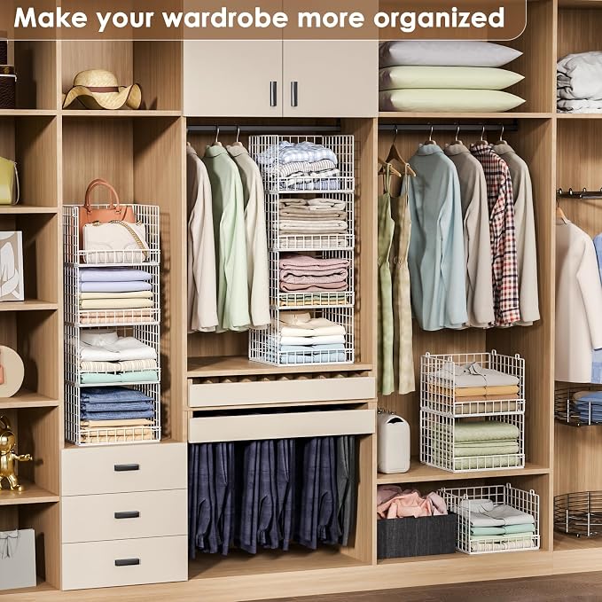 4-Tier Stackable Closet Organizers and Storage Baskets, Closet Shelf Organizer, Space-Saving Clothes Storage Drawer, Foldable Clothes Storage Bins for Closet Organizer System, White(Patent 30022416)