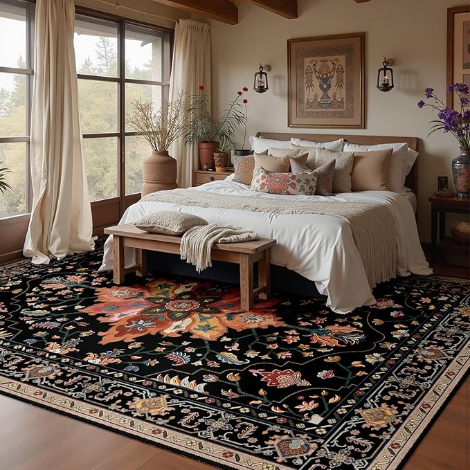 RELEANY Washable Area Rug, Large 10'x12', Black/Colorful | Non-Slip, Water Repellent, Pet Friendly, Easy to Clean, Vintage Floral Boho Decor for Living Room Bedroom Dining Room