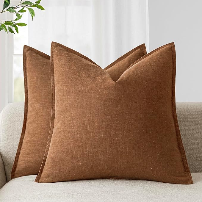 Foindtower Linen Solid Decorative Throw Pillow Covers 24x24 Orange Brown | Boho Farmhouse Morden Pillowcase,Pack of 2 Soft Accent Cushion Covers,Rustic Home Decor for Chair Couch Bedroom Living Room