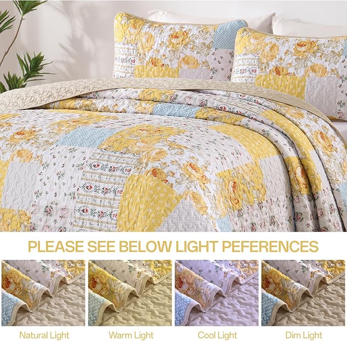 Yellow Patchwork Quilt Set King Size, Rose Floral Plaid Bedspread | 3 Pcs Country Flower Coverlet Set, Soft Lighweight Farmhouse Quilt Bedding Set 3 Pieces for All Season, 110''x90''