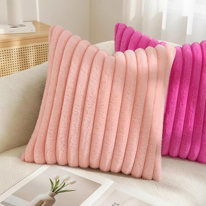 decorUhome Fall Faux Fur Throw Pillow Covers 12x20 Set of 2 Blush Pink | Decorative Soft Cozy Striped Plush Modern Farmhouse Boho Couch Pillow Cases Velvet Back for Sofa Bed Living Room Home Decor