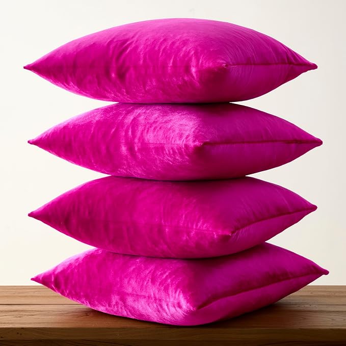 GIGIZAZA Pack of 4 Decorative Velvet Pillow Covers 18x18 Hot Pink | Throw Pillows for Couch Sofa,280gsm Soft Textured Fabric,Modern Accent Pillowcases,Luxury Living Room Cushion Covers