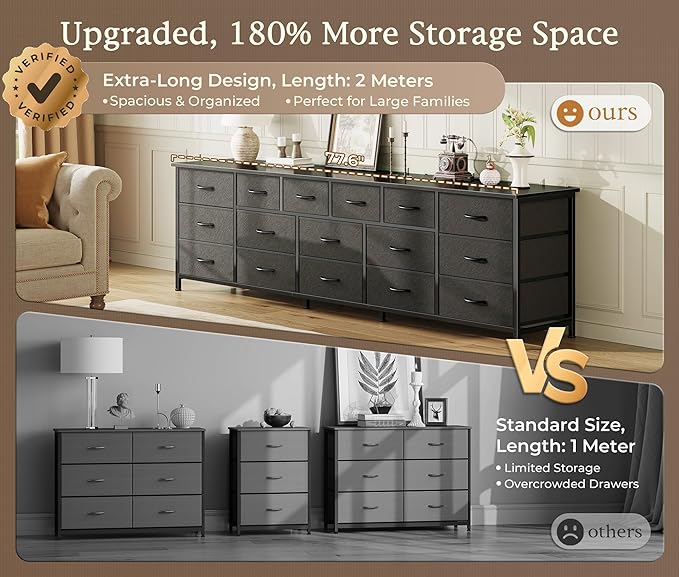 Huuger 77.6" Long Dresser for Bedroom, 16 Drawer Fabric Dresser for Closet, Wide Chest of Drawers with Storage, TV Stand for 65, 75, 85 Inch TV, 77.6" W x 13" D x 26.4" H, Black