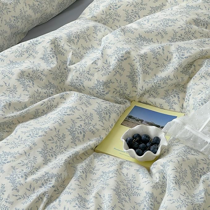 mixinni Blue Floral Duvet Cover Queen Size - 100% Cotton Soft Boho Comforter Cover with Zipper Closure 4 Ties, 3-Piece Vintage Aesthetic Botanical Bedding Set with 2 Pillowcases, All Season Bed Set