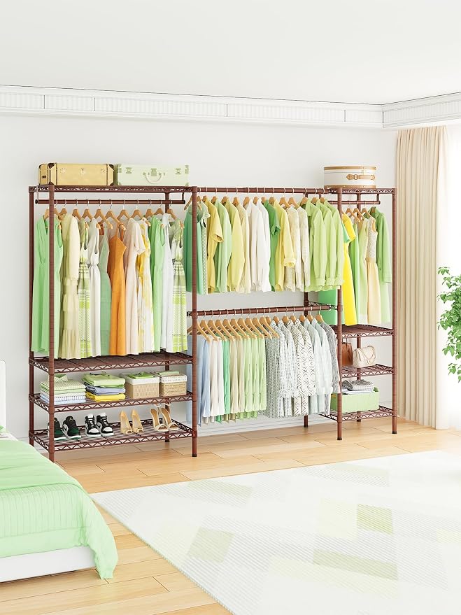Ulif E11 Heavy-Duty Closet Garment Rack, Metal Clothes Rack, Load 1034lbs | Bronze Freestanding Expandable Clothing Storage Organizer System for Hanging Clothes, (73.2-97.6)"W x 14.5"D x 71.2"H