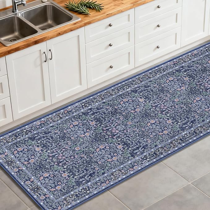 Washable 2' x 6' Runners for Hallways, Non Slip Long Floor Runner for Kitchen, Entryway Indoor, Stain Resistant Rubber Backing Floral Decor Rug (Blue)