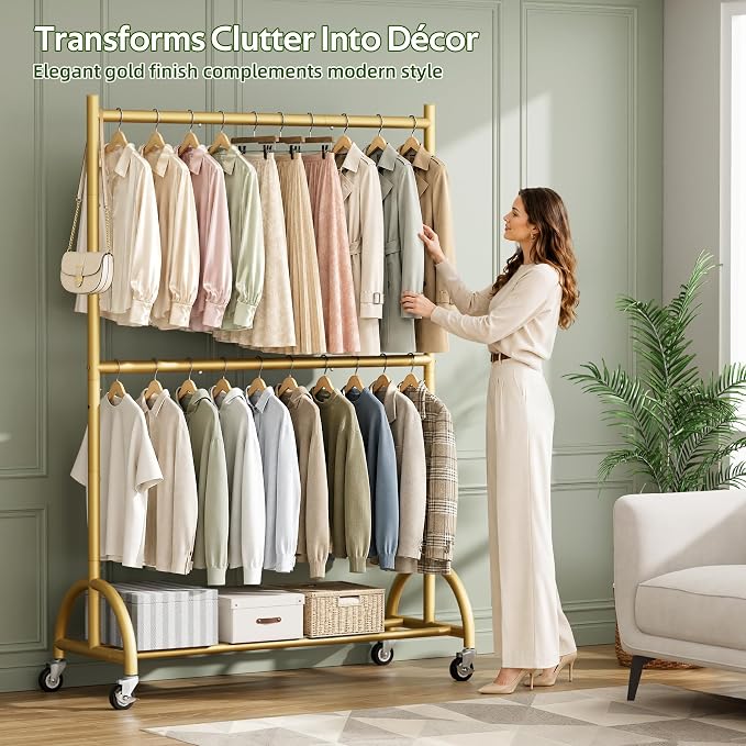 MISSLO Heavy Duty Clothing Racks for Hanging Clothes Double Rod Rolling Gold Clothes Rack with Wheels for Coats, Garment Closet Storage, Gold