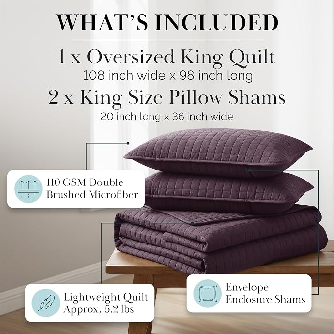 Southshore Fine Living, Inc. King Size Quilt Bedding Set, Soft Brushed Microfiber, Stain and Pet Hair Resistant Bedding, California King Size Quilt Coverlet Bedspread Set w/2 Shams, Purple Quilts
