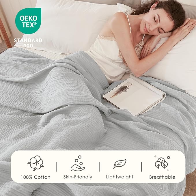 EMME Muslin Blankets for Adults Throw Blanket for Couch Breathable Gauze Soft Lightweight Airy Light Grey Super King 120" x 94"