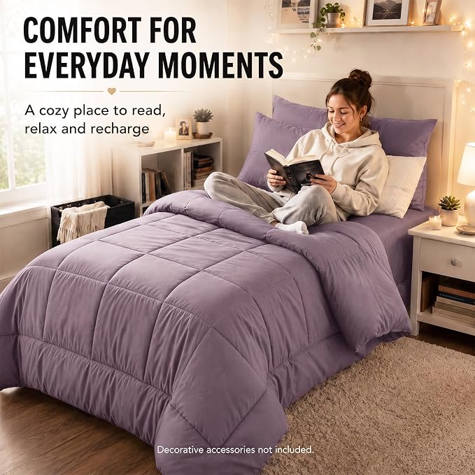 Twin XL Comforter Set Dusty Purple - 5 Pieces Twin XL Bed in a Bag | College Dorm Essentials, OEKO-TEX Certified, All Season, Down-Alternative Comforter + Flat & Fitted Sheets + 2 Pillowcases