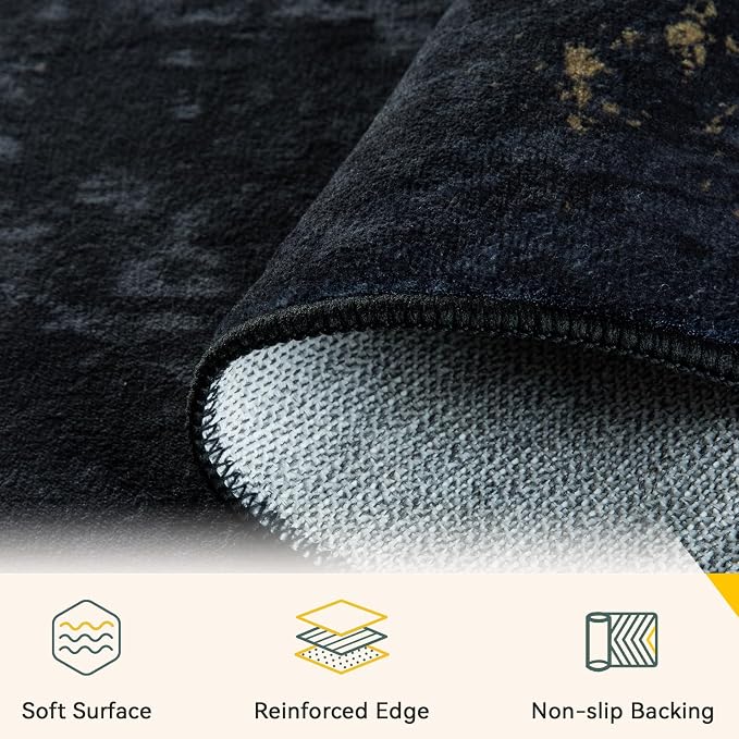 RELEANY Washable 8'x10' Abstract Area Rug for Living Room Black Gold | Carpet for Bedroom, Kitchen, Office, Hallway and Entryway, Printed Pattern, Non‑Slip, Soft, Stain‑Resistant, Easy to Clean