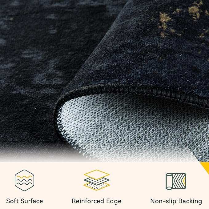 RELEANY Washable 9'x12' Abstract Area Rug for Living Room Black Gold | Carpet for Bedroom, Kitchen, Office, Hallway and Entryway, Printed Pattern, Non‑Slip, Soft, Stain‑Resistant, Easy to Clean