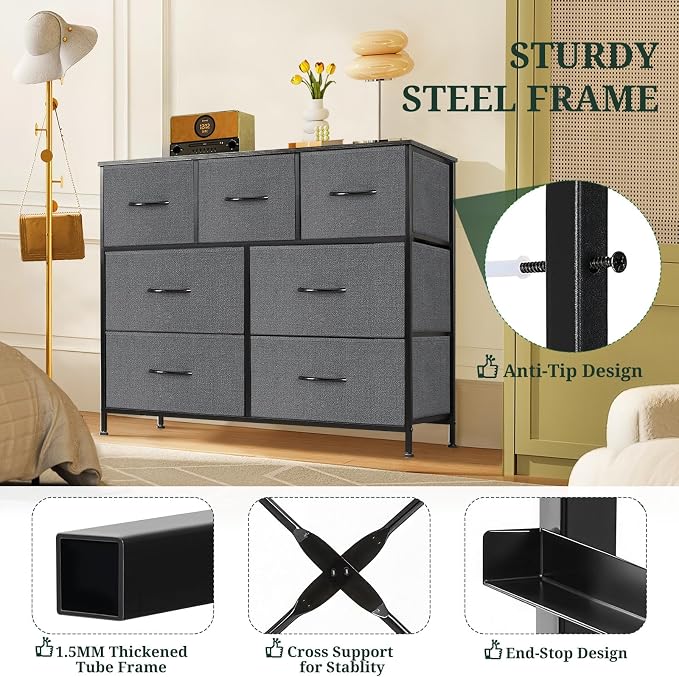 7-Drawer Dresser for Bedroom, Anti-Tip Wide Storage Organizer Fabric | Chest of Drawers TV Stand for 45" TV with Wooden Top and Metal Frame for Closet, Living Room, Hallway, Entryway, Gray