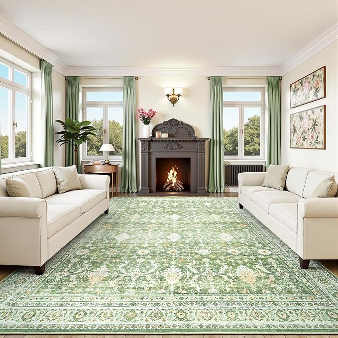10x14 Area Rugs for Living Room, Washable Large Carpet, Light Green | Soft Rug for Bedroom, Dining Room, Home Office, Indoor, Nursery, Stain Resistant, Non-Slip, Low Pile,Vintage Distressed Rug