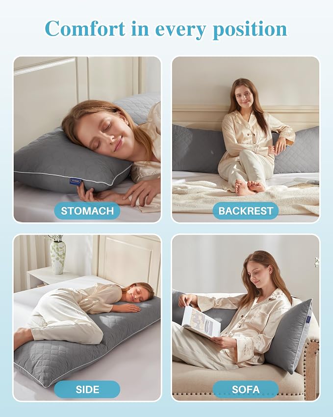 YZ HOME Long Body Pillow for Adults - Firm Body Pillow Insert | Body Pillow Insert with Shredded Memory Foam,Adjustable Height,Soft Support for Side Sleeper,Washable (Grey, 20x54'')