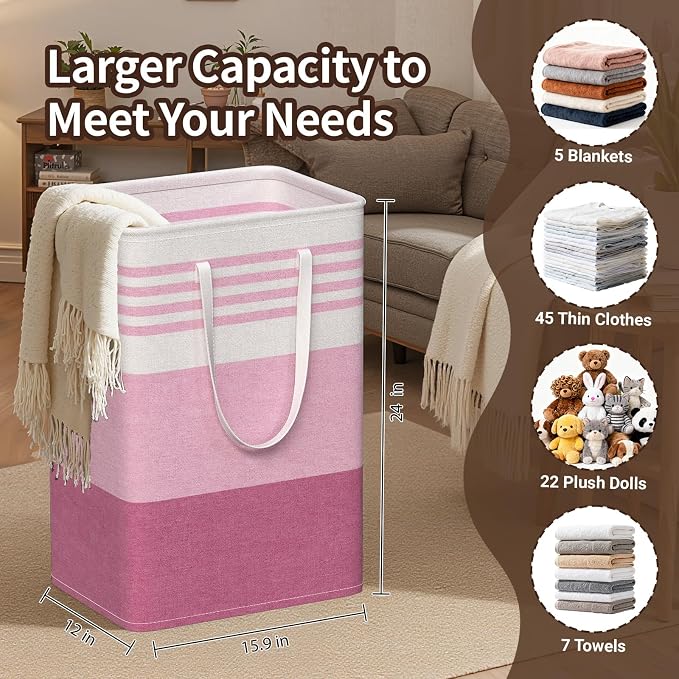 WOWBOX 2 Pack Laundry Baskets, Collapsible Dirty Clothes Laundry Hampers | with Reinforced Handles, Waterproof Coating, 2 Pack for Clean & Dirty Clothes, for Bedroom, Bathroom, Dorm (75L Pink)