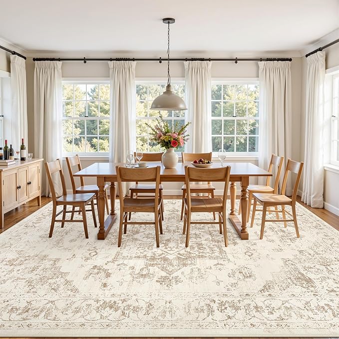 Area Rugs 9x12 Living Room: Bedroom Washable Carpet Beige/Ivory | Vintage Boho Soft Small Indoor Decor Floor Non-Slip Low Pile Neutral Farmhouse Entryway Laundry Bathroom Bedroom Beside Rugs