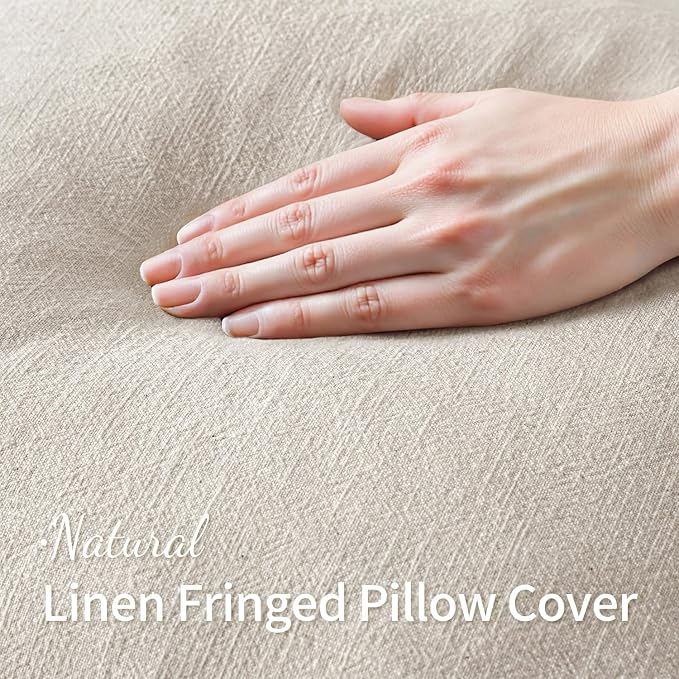 MIULEE Linen Fringe Decorative Euro Pillow Covers Natural Beige 22x22 | Set of 2, Cottagecore Decor, Boho Farmhouse Neutral Throw Pillow Covers, Rustic Couch Cushion Cases for Sofa Bed Living Room