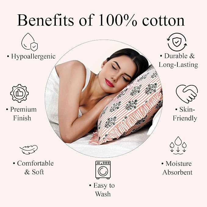 Ridhi Block Print Salmon Blossom Ruffle Lumbar Pillow Shams, 20" x 54" | 100% cotton, Floral Pillowcase, Cushion Cover, Hidden Zipper, Cottagecore Bedding, farmhouse boho style, fits couch, sofa,Bed