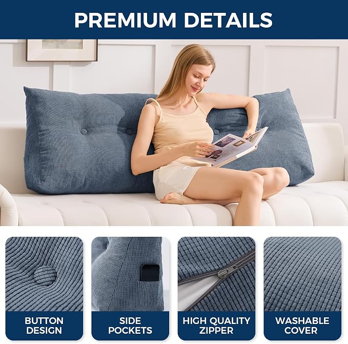 Headboard Pillow Queen, Wedge Pillow Headboard, Navy Blue | Triangle Backrest for Headboard, Bed Pillow for Sitting Up Reading Working, Removable Cover, Side Pockets, for Bed Dorm Sofa