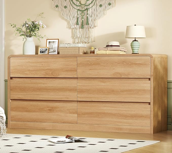 TEENFON 55" Dresser for Bedroom with 6 Drawers, Dressers & Chests of Drawers with Curved Profile Design, 6 Drawer Dresser, Bedroom Dressers, Wood Dressers for Bedroom, Hallway, Natural