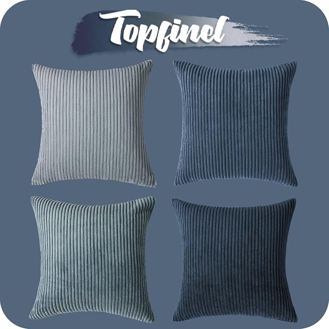 Topfinel Decorative Throw Pillow Covers Dusty Blue Navy Series 16x16 Inch Set of 4,Summer Corduroy Striped Toss Pillows for Couch,Patio,Balcony,Children Bedroom,Modern Fluffy Blue Gradient Shams