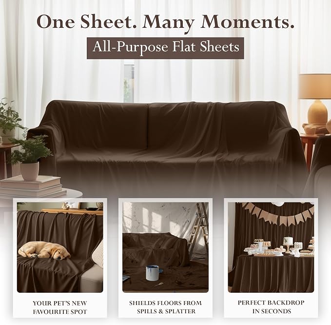 Queen Size Flat Sheet Only, Ultra Soft & Breathable Hotel Sheets, Brown | Hotel Bedding, Cooling Comfort, Smooth Feel, Wrinkle & Fade Resistant, Easy Care, Long-Lasting, Machine Washable, OEKO-TEX